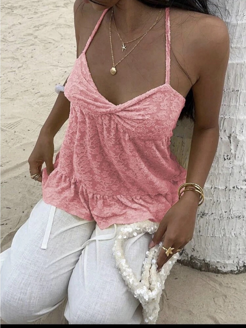 Lace Patchwork Twist Front Camisole Tank Top XL